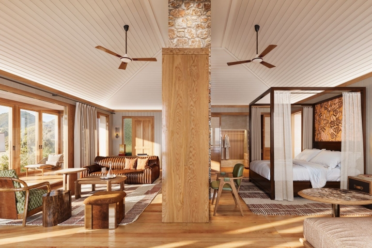 新南威尔士州，蓝山，阿联酋航空沃根谷丽思卡尔顿隐世精品度假酒店，单间套房的卧室 © Emirates Wolgan Valley, a Ritz-Carlton Lodge 版权所有