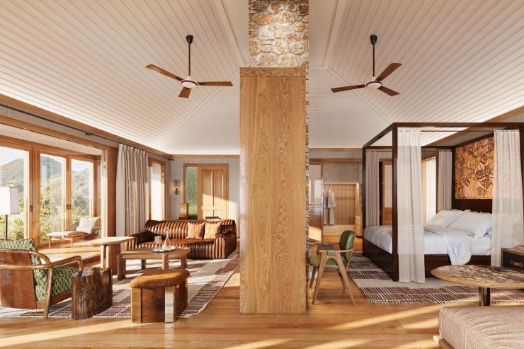 新南威尔士州，蓝山，阿联酋航空沃根谷丽思卡尔顿隐世精品度假酒店，单间套房的卧室 © Emirates Wolgan Valley, a Ritz-Carlton Lodge 版权所有