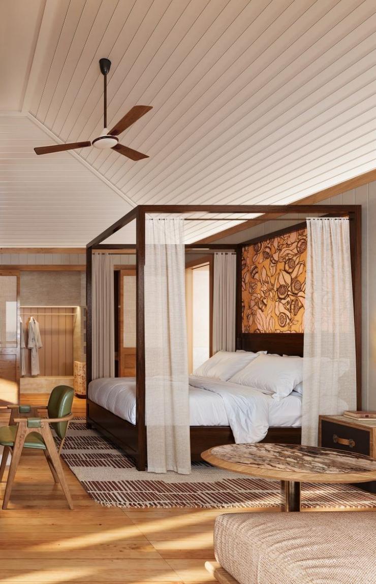 新南威尔士州，蓝山，阿联酋航空沃根谷丽思卡尔顿隐世精品度假酒店，单间套房的卧室 © Emirates Wolgan Valley, a Ritz-Carlton Lodge 版权所有