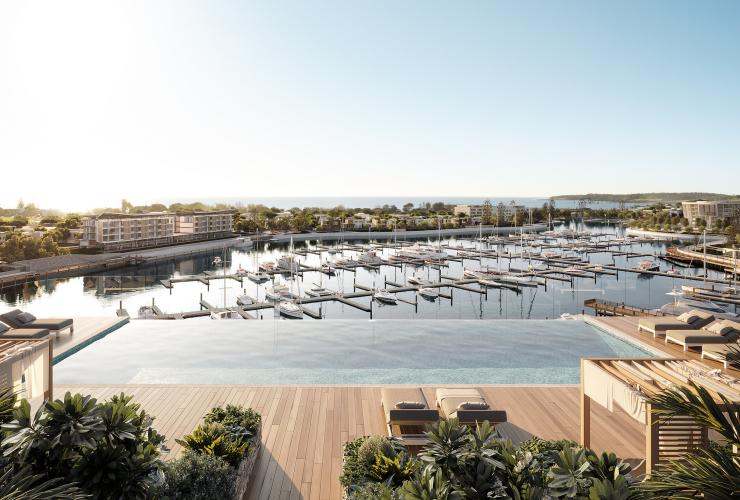 新南威尔士州，夏巴，贝壳湾码头皇冠假日酒店的泳池边 © 贝壳湾码头皇冠假日酒店版权所有