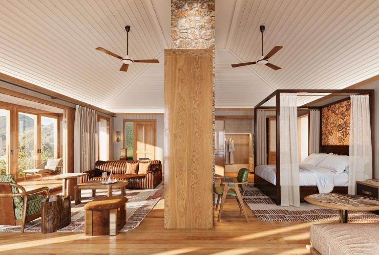 新南威尔士州，蓝山，阿联酋航空沃根谷丽思卡尔顿隐世精品度假酒店，单间套房的卧室 © Emirates Wolgan Valley, a Ritz-Carlton Lodge 版权所有