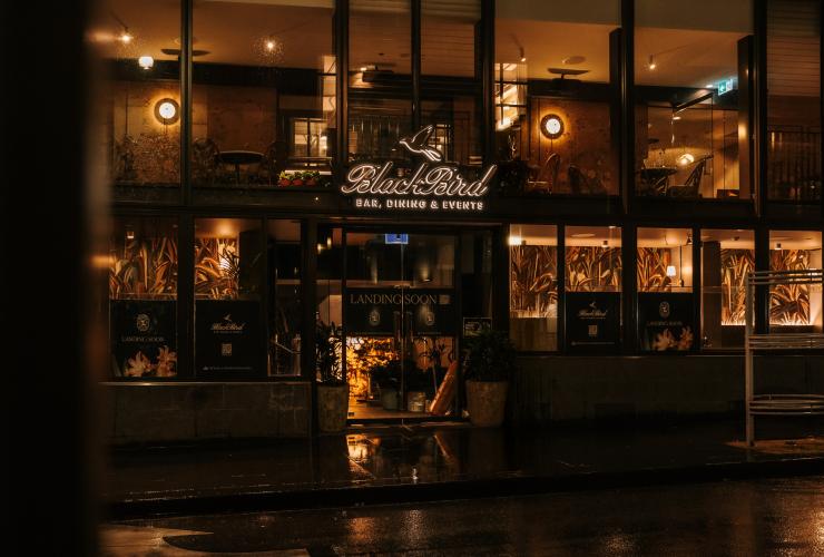 黑鸟酒吧餐厅的双层挑高门厅和玻璃幕墙立面。© Arianna Leggiero 版权所有