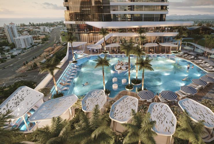 效果图：宾客在中央种植着棕榈树的泳池中游泳。背景为酒店建筑，昆士兰州黄金海岸，安达仕酒店 © 黄金海岸安达仕酒店版权所有