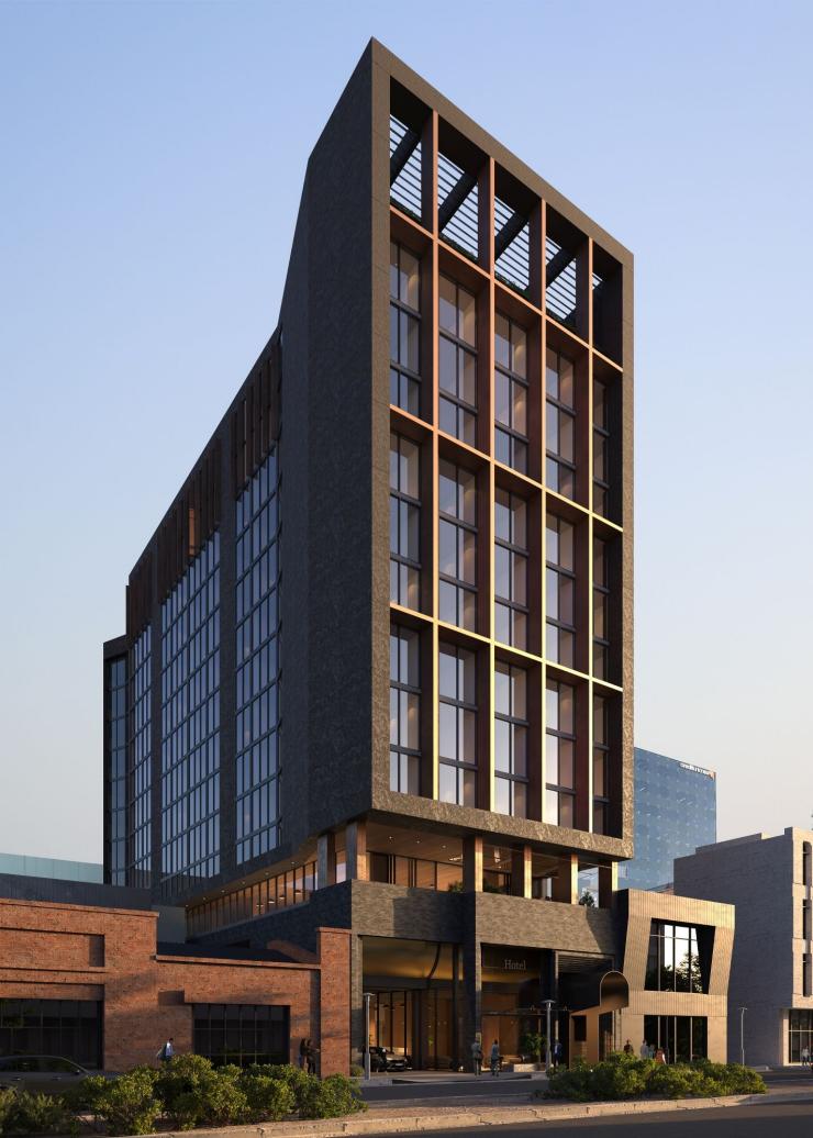 效果图：酒店建筑外观，南澳大利亚州阿德莱德，水晶溪山姆酒店 © 水晶溪山姆酒店版权所有