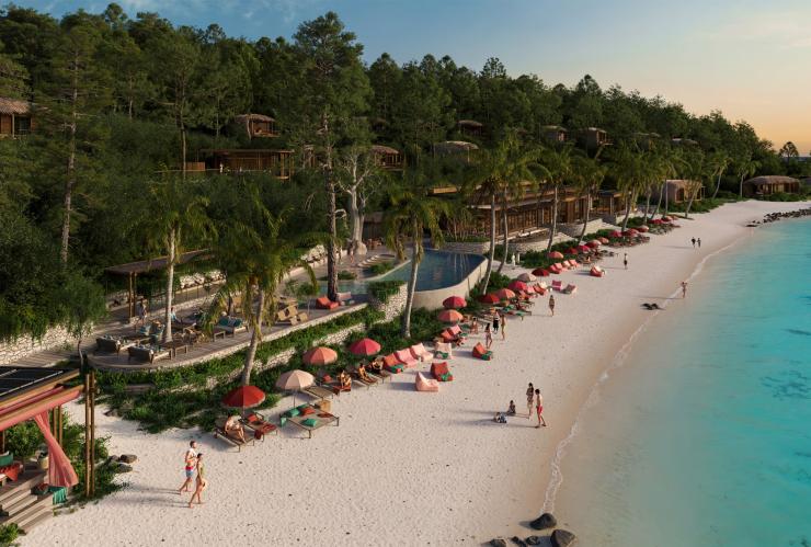 效果图：生态度假小屋景观。度假小屋掩映于林木间，泳池与露台紧邻海滩。沙滩上设有日间床与遮阳伞，前方是碧蓝澄澈的海水，昆士兰州圣灵群岛，富克岛 © 富克岛版权所有